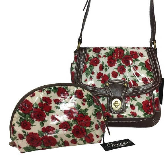 Vendula London Crossbody Bag + Pouch Red Roses Vegan Leather NEW - Picture 1 of 16